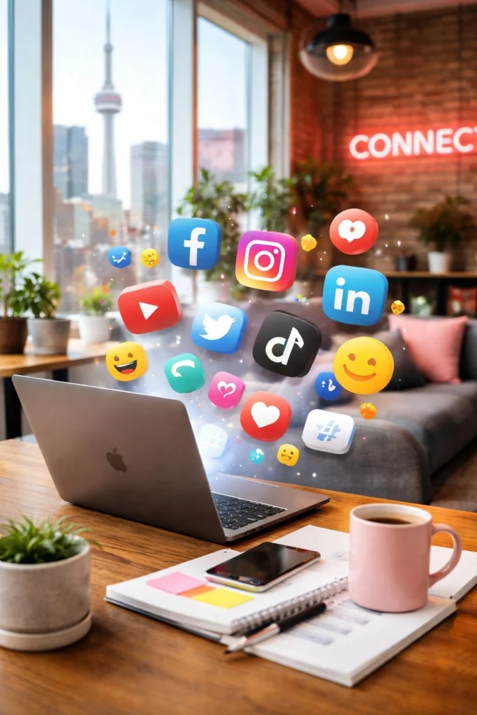 Laptop with social media icons in a modern Toronto workspace representing digital communications and social media strategy.